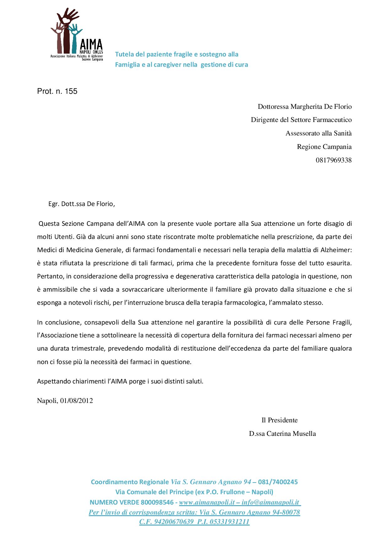Lettera Dirigente Settore Farmaceutico Regione Campania